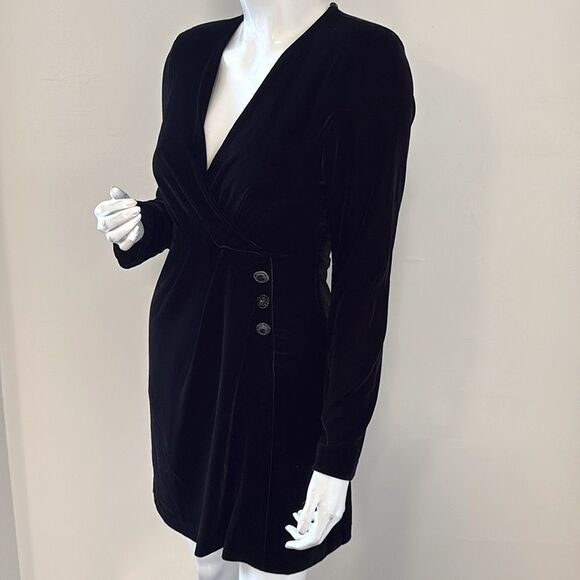 The Kooples Black Velvet Long Sleeve Wrap Style Mini Dress w Rhinestone Buttons - Picture 4 of 10